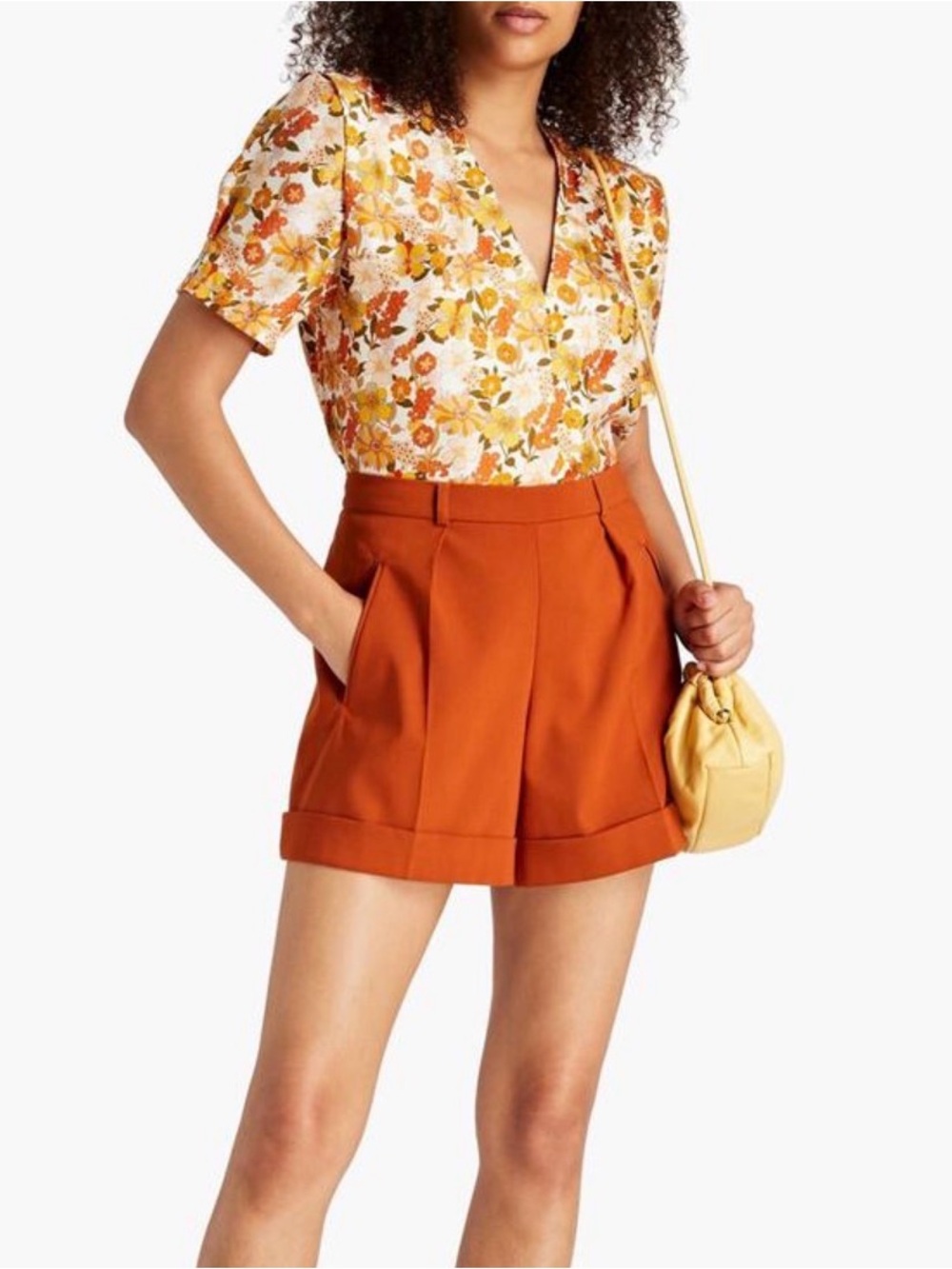 SANDRO - Silk Floral V-Neck Short Sleeve Blouse - Pink & Orange